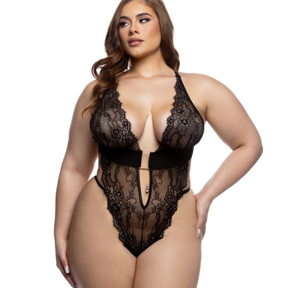 Black Lace Deep Plunge Teddy | Plus Size Chantilly Lace Lingerie - Picture 3 of 5